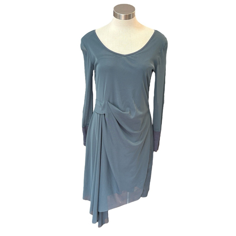 STELLA CARAKASI Dress Mesh Asymmetrical Artsy Lagenlook Slate Blue Sz. S